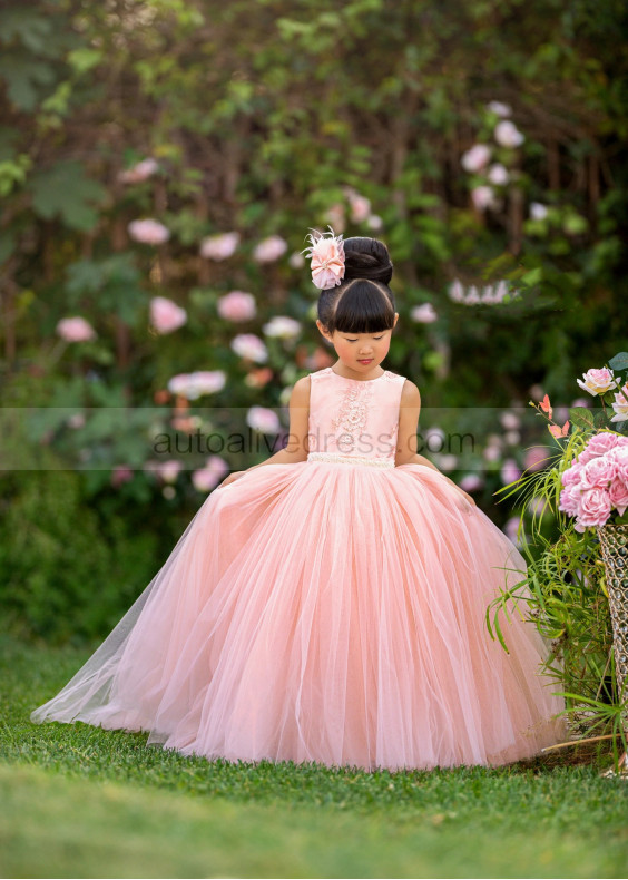 Peach Pink Lace Tulle V Back Flower Girl Dress With Beaded Sash Peach Pink Lace Tulle V Back Flower Girl Dress With Beaded Sash